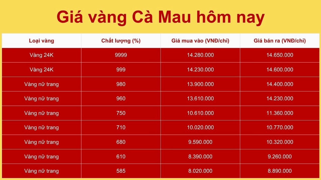 Biểu đồ phân tích giá vàng Cà Mau