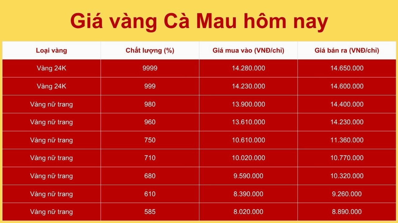 Biểu đồ phân tích giá vàng Cà Mau