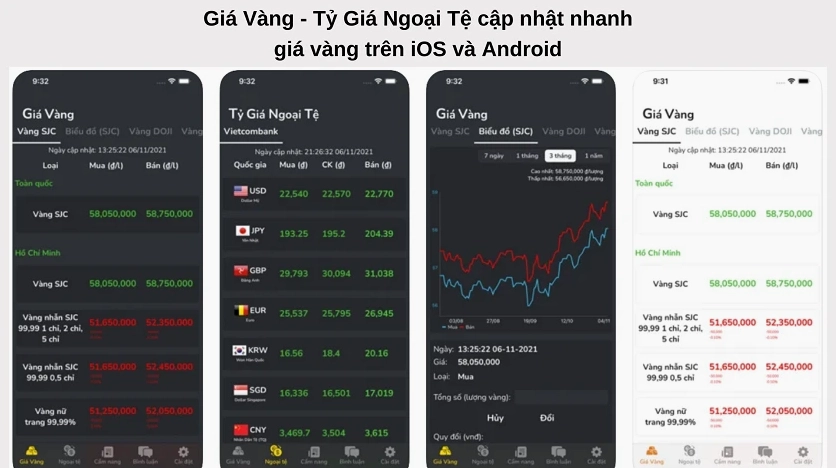 Giao diện ứng dụng xem giá vàng trên điện thoại
