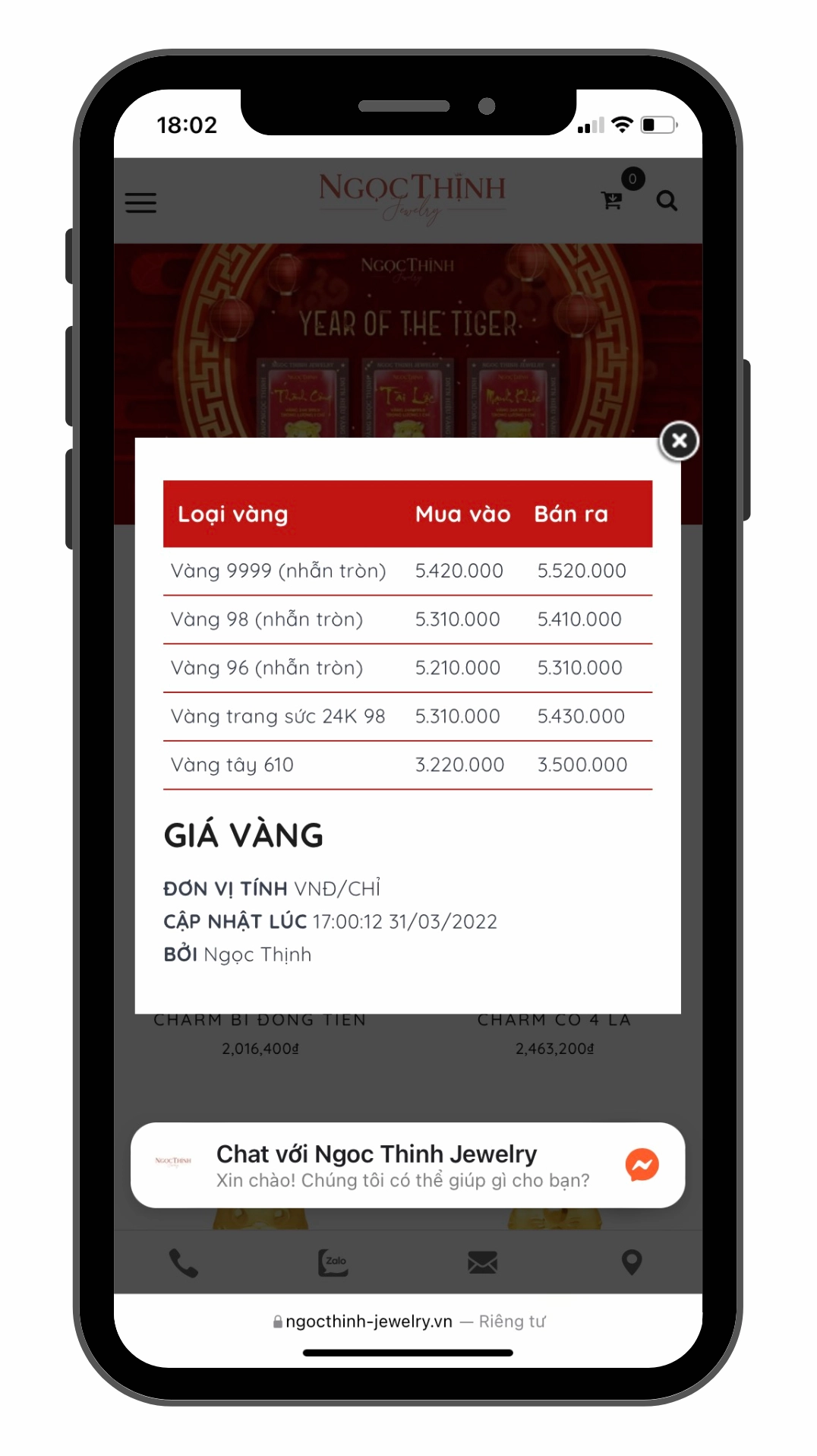 Giao diện xem giá vàng trên di động