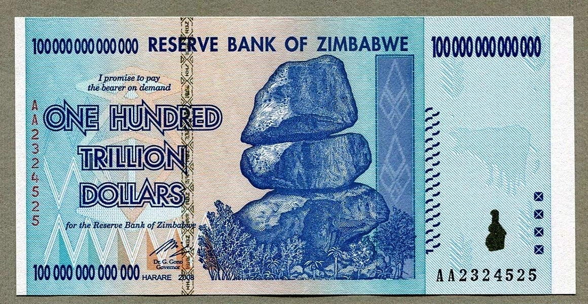 Tờ tiền 100 nghìn tỷ đô la Zimbabwe trong siêu lạm phát